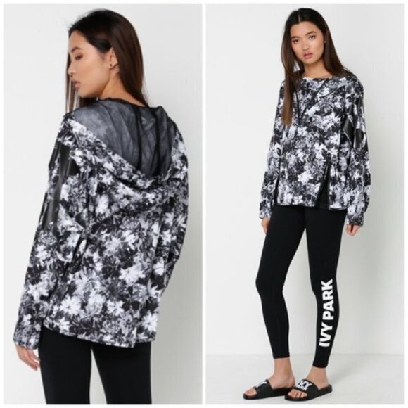 Ivy Park Floral Hooded Pullover Anorak Jacket Black White Small - Picture 6 of 6